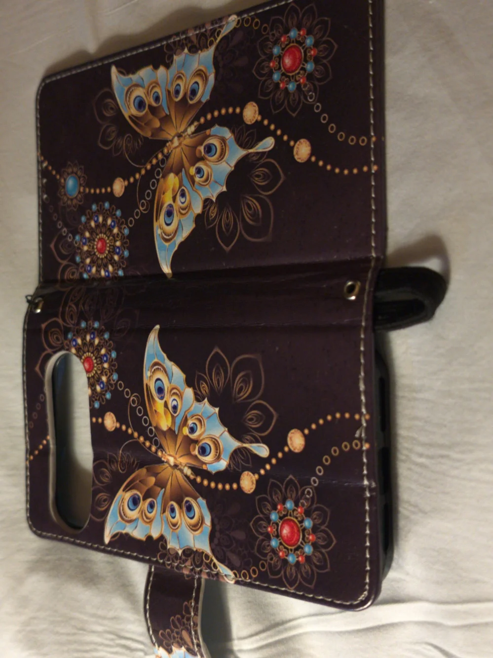 Purple Butterfly Wallet Phone Case with Wrist Strap